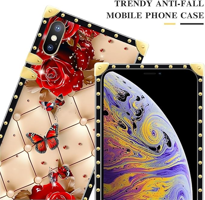 Compatible with iPhone XR Case, Shining Red Rose Butterfly Leather Background Luxury Golden Decoration for Girl Women Soft TPU Shockproof Protective Hard PC Back for iPhone XR