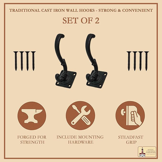 Mystic Colonial Medieval Wall Hooks Hand-Forged (Set of 2) Black Coated | Rustic Heavy-Duty Hangers for Coats, Cloaks, Keys & Home Decor