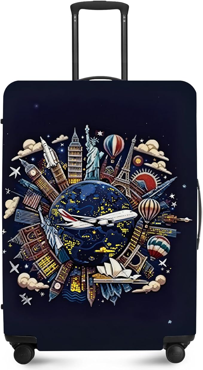 ANNA QUEEN Travel Globe Airplane Luggage Cover -Stretchable Airplane Suitcase Protector Sleeve,Universal Washable Fit for 20-22 Inch Checked Baggage,Water Resistant Durable Luggage Protector
