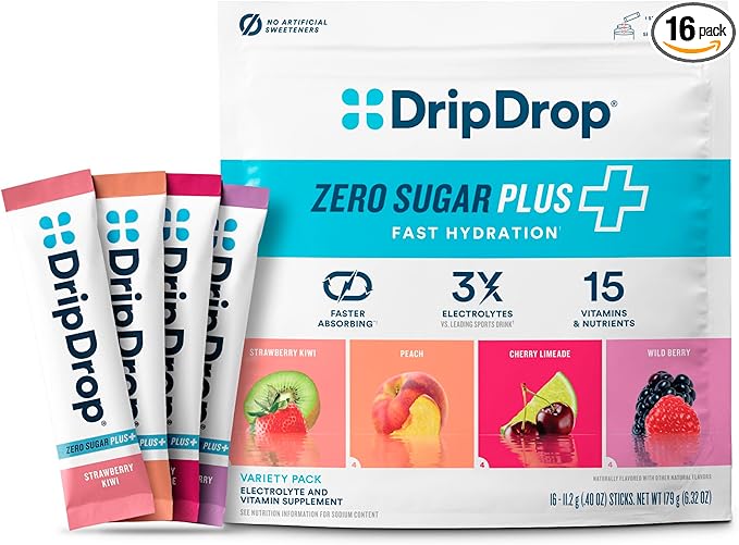 DripDrop Zero Sugar Plus - Sugar Free Hydration Packets - Single Serve Electrolytes Powder Drink Mix - Strawberry Kiwi, Peach, Cherry Limeade, Wild Berry - Non-GMO, Vegan - 16 Sticks