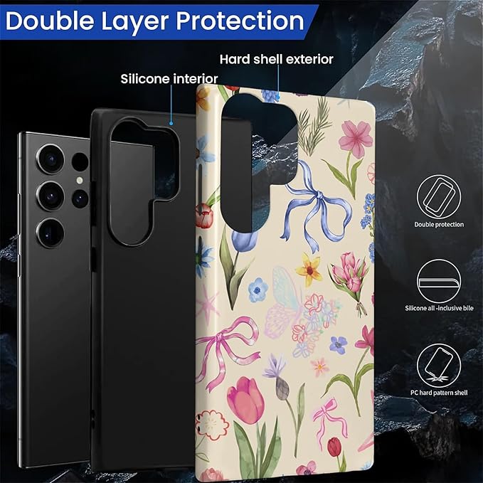 for Samsung Galaxy S23 Ultra Case,HL2 Aesthetic Flower Preppy Collage Hybrid 2 Layer Hard Shell Silicone Protective Pattern Design Case