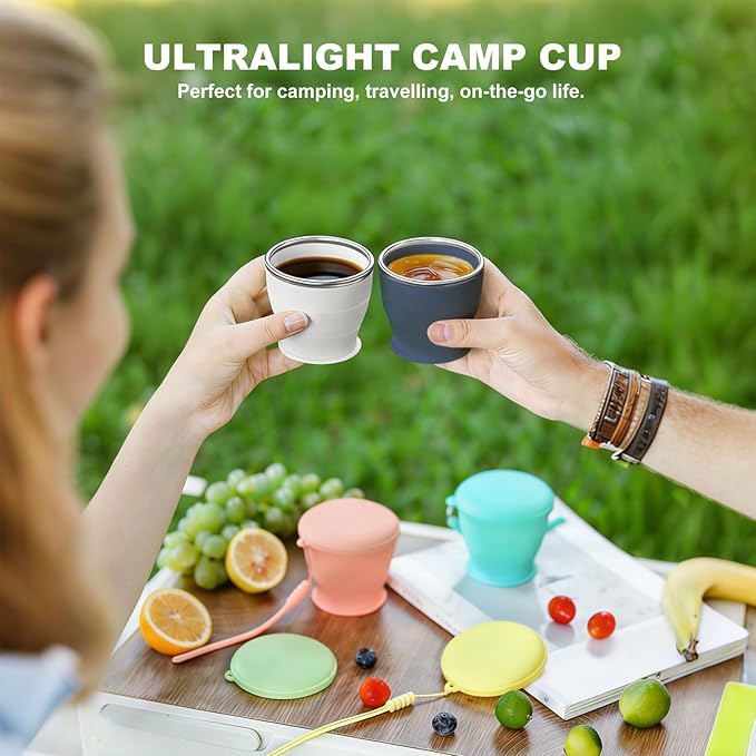 Collapsible Travel Cup, BPA-Free Reusable Water Cup, Lightweight Drinking Cups with Lids and Carrying Strap, Dishwasher Safe Silicone Cups for Camping, Travel, Airports, Hotel (6.7oz, Navy)