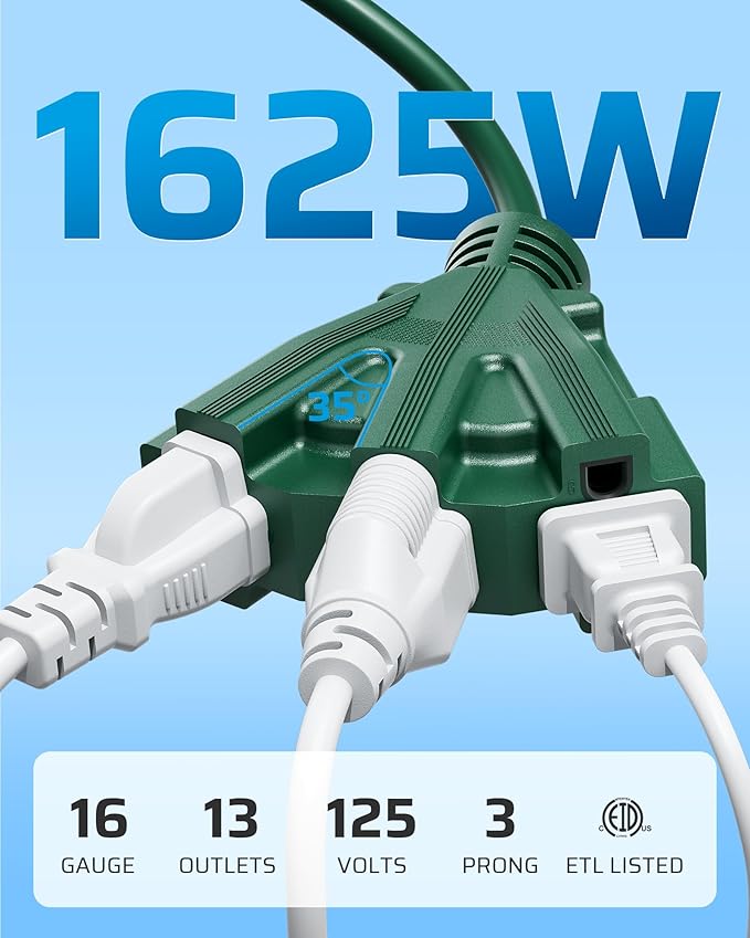 DEWENWILS 15FT Outdoor Extension Cord, Green Extension Cord 13A/1625W, Weatherproof 16/3 SJTW Power Cable with Multiple Outlet, Holiday Decor Landscaping String Lights, ETL Listed, 1 Pack