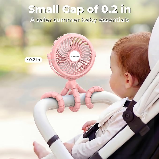 AMACOOL Battery Operated Stroller Fan, Baby Travel Essentials for Beach Disney, Newborn Boy & Girl Showers Gifts Registry Search, Flexible Tripod Clip On Fan for Car Seat Wagon Crib Bike Treadmill