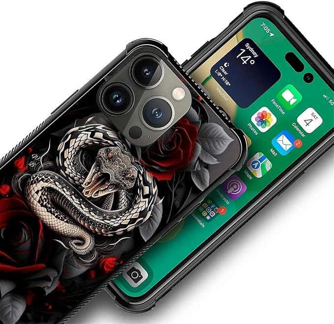 for iPhone 13 Pro Case, Entwined Rose Snake Pattern Graphic Design Girl Boy Soft Silicone Hard Acrylic Shock Protection for iPhone 13 Pro