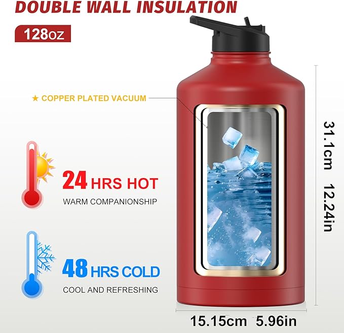 1 Gallon Water Bottle Insulated(Cold for 48 Hrs),BPA Free&Leak Proof,128oz Stainless Steel Water Jug,Large Water Bottle with Straw Spout Lids for Gym,Hiking,Camping&Travel,Red
