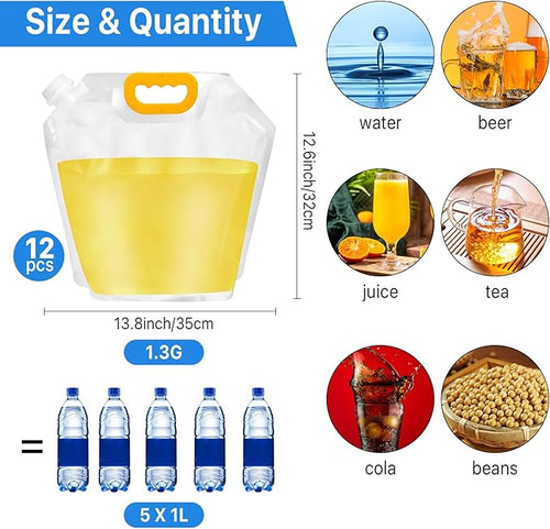12 Pack Collapsible Water Container Bag 1.3 Gallon Emergency Foldable Water Container BPA Free Food Grade Plastic Storage Jug Freezable Water Bottle for Camping Hiking Riding Backpack