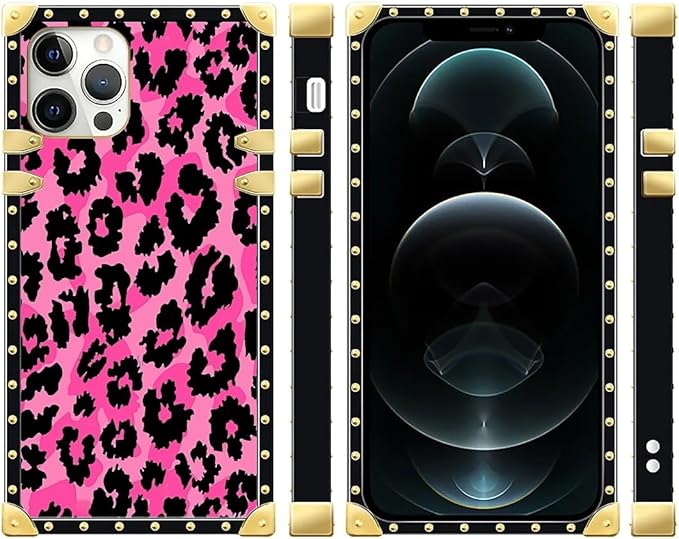 Compatible with iPhone 12 Case, Pink Black Leopard Luxury Golden Decoration for Girl Women Soft TPU Shockproof Protective Hard PC Back for iPhone 12 Pro