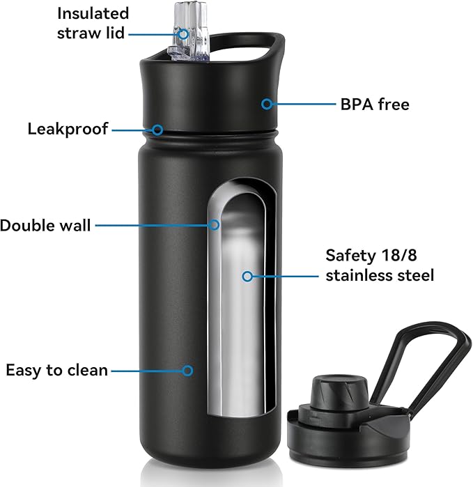 16 oz Insulated Water Bottle with Straw Lids, Stainless Steel Kids Water Bottles for School, Double Wall Vacuum Metal Water Bottle with Straw & Wide Mouth Lid, Black 8 Pack
