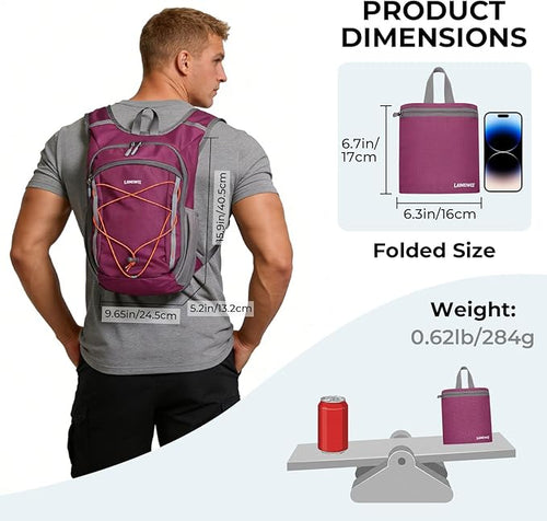13L Small Hiking Backpack for Women Men, Lightweight Foldable Day pack, Packable Daypack for Travel, Camping (Burgundy)