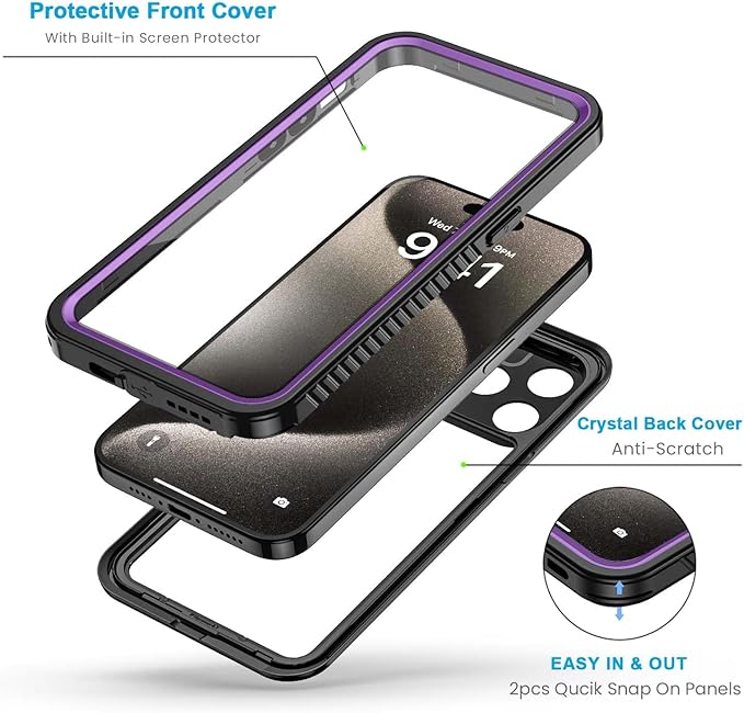 Lanhiem for iPhone 15 Pro Max Case, IP68 Waterproof Dustproof Shockproof Cases with Built-in Screen Protector, 360 Full Body Heavy Duty Rugged Phone Cover for iPhone 15 Pro Max - 6.7 inch (Purple)