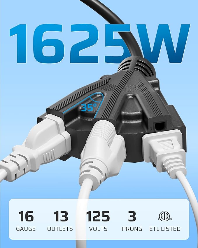 DEWENWILS 10FT Outdoor Extension Cord, Tri-Tap Extension Cord Splitter, 3 Outlet 16/3 SJTW Power Cable for Landscape Lighting String Lights, 13A/125V/1625W, ETL Listed, Black, 1 Pack