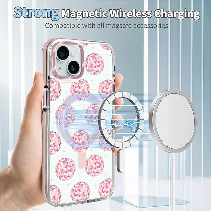 Case for iPhone 14 Plus/15 Plus,[Compatible with MagSafe],Disco Balls Pink Phone Case Design，for Women Girls Magnetic Clear Cover - Slim, Sleek, & Shockproof Protection