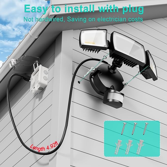 USTELLAR 55W Plug in Flood Light Outdoor, 5500lm Motion Sensor Outdoor Lights with Remote Control, Dusk to Dawn Security Light, IP65 Waterproof, 5000K Daylight Wall Mounted for Garage, Yard, 1 Pack