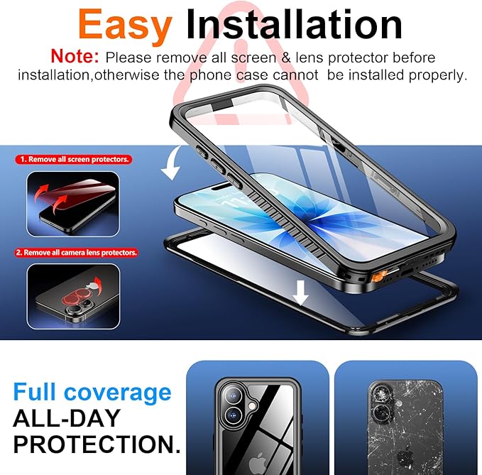 SPIDERCASE for iPhone 17 Case Waterproof, Built-in Lens & Screen Protector, Full Heavy Duty Protection, 12FT Military Shockproof, Dustproof, Anti-Scratched Phone Case,Black/Clear