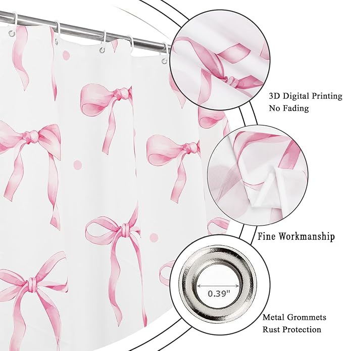 Pink Bow Shower Curtain, Pink and White Modern Aesthetic Bowknot with Polka Dot Cute Girly Bathroom Curtain Waterproof Fabric Machine Washable with Hooks, 36" Wx72 L