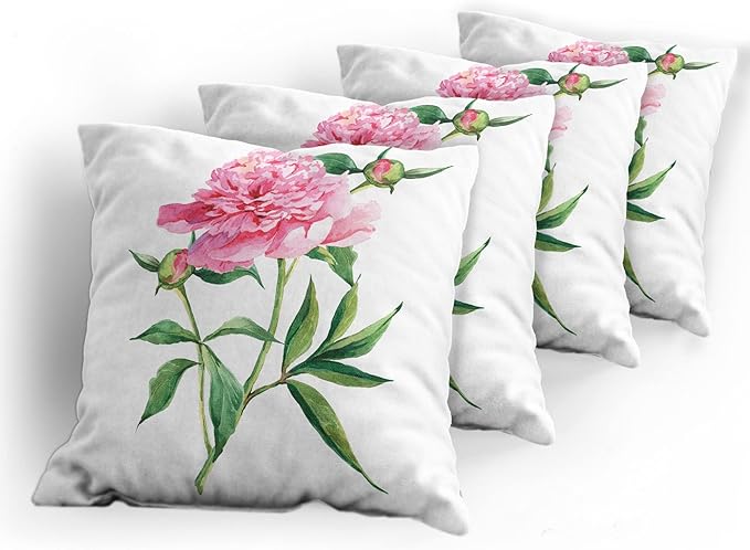 Ambesonne Watercolor Flower Throw Pillow Cushion Case Pack of 4, Vintage Peony Painting Botanical Spring Garden Flower Nature Theme, Modern Accent Double-Sided Digital Printing, 18", White Pink