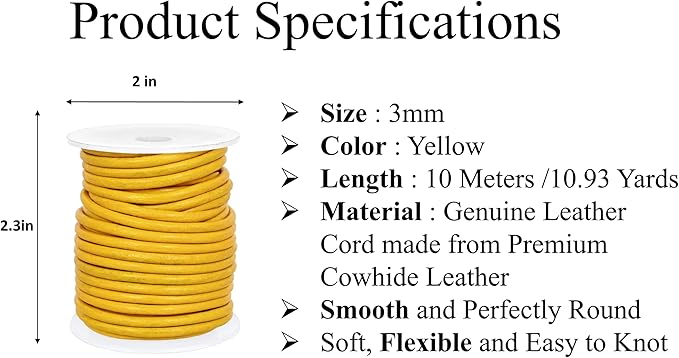 GENIQUE Real/Genuine Round Leather String Cord for Necklace, Bracelets, Jewellery, Braiding (3mm, Yellow)