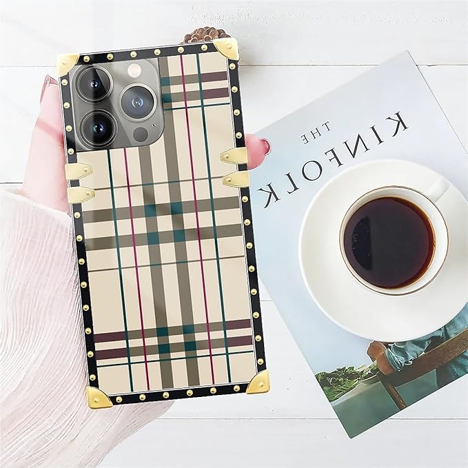 Compatible with iPhone 14 Pro Case, Black Red Beige Stripes Luxury Golden Decoration for Girl Women Soft TPU Shockproof Protective Hard PC Back for iPhone 14 Pro