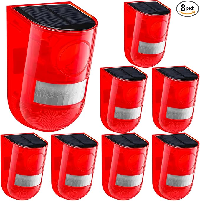 Qualirey Solar Sound and Light Alarm Motion Sensor 129db Outdoor Security Siren Waterproof Activated Detector Driveway Alarm 6 LEDs Flash Warning Deterrent Strobe System for Home, Farm(Red,8 Pack)