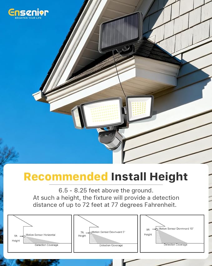Ensenior Solar Security Lights, Wide Beam Flood Light 6500K Super Bright for Driveway Backyard Garden, Remote Control Motion Lights, Weather-Resistant Exterior Lighting, 1800LM Lumen, Black, 2-Pack
