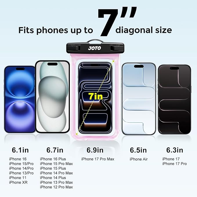 JOTO Up to 7" Universal Waterproof Phone Case for iPhone 17 Air 16 15 14 13 12 11 Plus Pro Max, IPX8 Cellphone Dry Bag XR X SE, Galaxy S23 S22 S21 S20+ S20 S10 Plus Note, Pixel -Clearpink