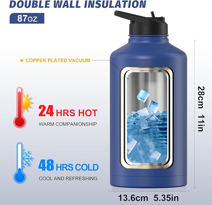 87oz Insulated Water Bottle (Cold for 48 Hrs),BPA Free&Leak Proof,1.5 Gallon Stainless Steel Water Flask,Water Jug with Straw Spout Lids for Gym,Hiking,Camping,Deep Blue
