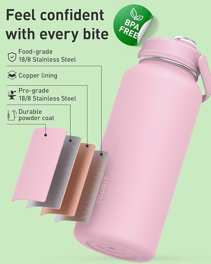 TOURIT 40 oz Insulated Water Bottle, Stainless Steel Sports Water Bottles With Top Handle, Double-Wall Travel Thermal Water Flask, BPA Free Leakproof Water Bottle for Sports and Travel, Mint Green