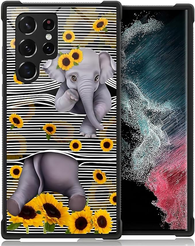 for Samsung Galaxy S22 Ultra Case, Cute Little Elephant Sunflower White Line Art Pattern Graphic Design Soft Silicone Hard Acrylic Shock Protection for Samsung Galaxy S22 Ultra