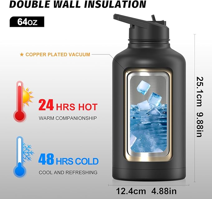 64oz Insulated Water Bottle (Cold for 48 Hrs),BPA Free&Leak Proof,Half Gallon Stainless Steel Water Flask,Water Jug with Straw Spout Lids for Gym,Hiking,Camping,Black