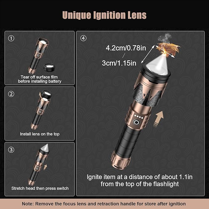 SKYFIRE Rechargeable Flashlight with Ignition Lens,5000 Super Bright Tactical Flashlights High Lumens Zoomable,6Modes,Waterproof LED Flash Light for Camping Essentials Outdoor&Home Emergency-Upgraded