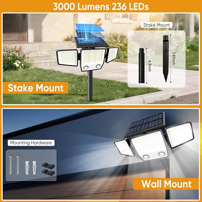 MDCMDCM Solar Motion Sensor Outdoor Lights Waterproof - 3000LM 3 Modes Security Lights Outdoor 270° Illumination IP65 LED Solar Flood Wall Light for Garden Yard Patio Pathway (with Stakes, 1)