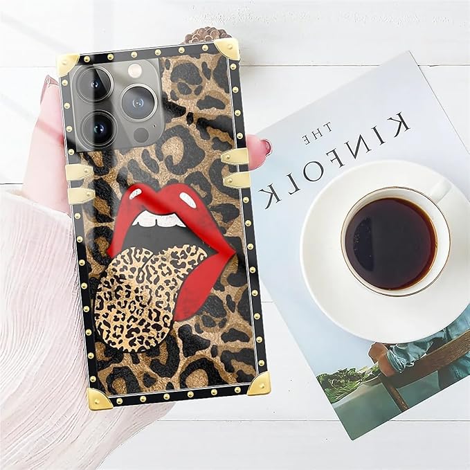 Compatible with iPhone 13 Pro Case, Brown Leopard Print Mouth Luxury Golden Decoration for Girl Women Soft TPU Shockproof Protective Hard PC Back for iPhone 13 Pro