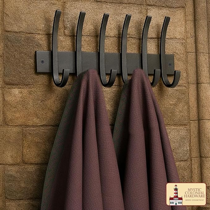 Mystic Colonial Rustic Cast Iron Wall Rack with 6 Blackened Hooks � Heavy Duty Vintage Utility Hanger for Coats, Towels, Hats & Bags � Size: 32.5?cm ? 14.4?cm, Mounting Hardware Included