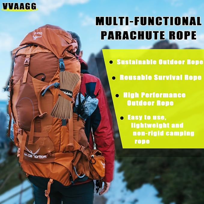 VVAAGG 1000 Tan Paracord 50FT Utility Parachute Cord 4mm Nylon String12 Strand Nylon Camping Rope, Tent Rope, Clothsline Rope for Survival & Camping Gear