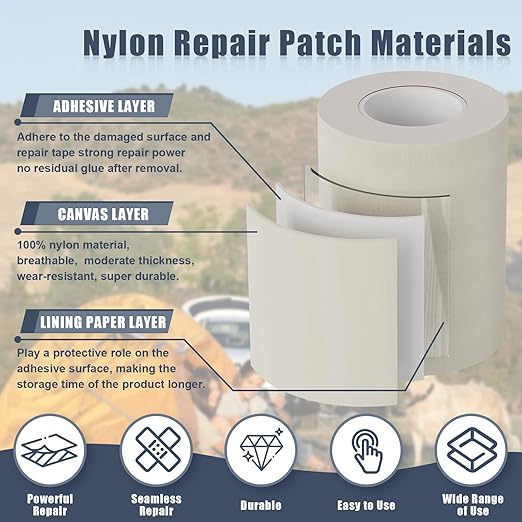 Cahomo 7.9x3.9 inch 12 PCS Nylon Repair Patch Nylon Repair Tape Self Adhesive Fabric Tapes Outdoor Camping Gear Fabric kit for Tent, Umbrella, Down Jackets, Sleeping Bag, Knapsack（Brown）