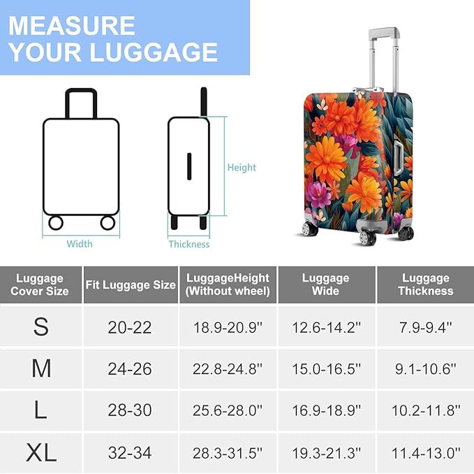 ANNA QUEEN Boho Floral Luggage Cover,Spring Orange Flower Pattern Suitcase Protector,Stretchable,Washable & Water Resistant, Universal Fit for 24-26 Inch Checked Baggage