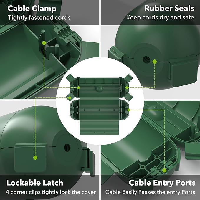 BN-LINK [4-Pack] Outdoor Extension Cord Safety Cover, Weather Resistant Seal Housing with 4 Latches, Electrical Connection Box for Outside Plugs, Soclets, String Lights & Tools (2PK Black&2PK Green)