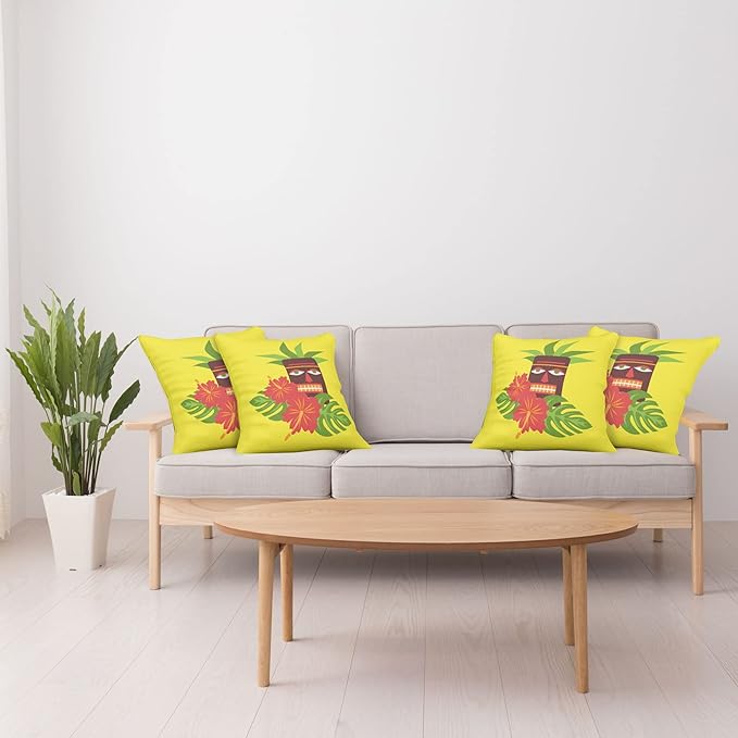 Ambesonne Luau Throw Pillow Cushion Case Pack of 4, Vibrant Composition of a Tiki Exotic Summer Hibiscus and Palm Leaves, Modern Accent Double-Sided Digital Printing, 18", Yellow Multicolor