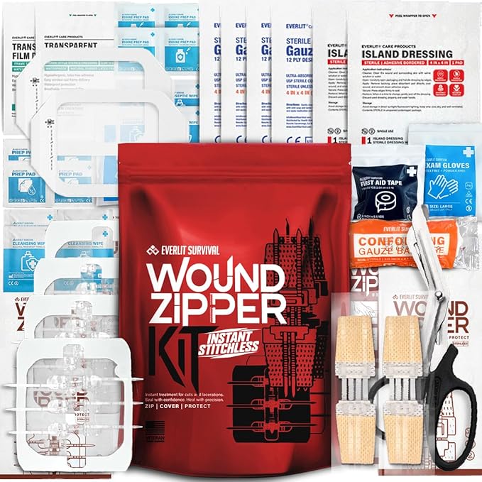 EVERLIT Wound Closure Kit | Surgical Zip-Stitch Devices for Cut & Laceration | Sterile, Suture-Free, Stitch-Less Adhesive Butterfly Bandages for Emergency First Aid Wound Care (6 Zip Complete Kit)