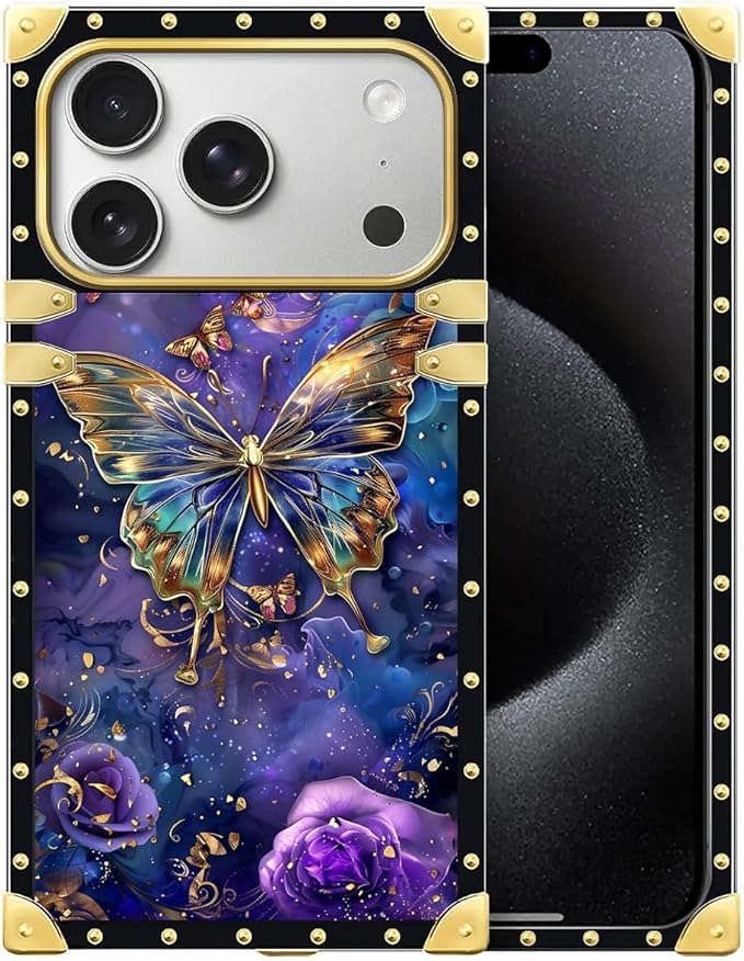 for iPhone 17 Pro Case Luxury Golden Decoration for Girl Women Soft TPU Shockproof Protective Hard PC Back for iPhone 17 Pro Crazy Pattern Glistening Golden Butterfly Vibrant Purple Blue
