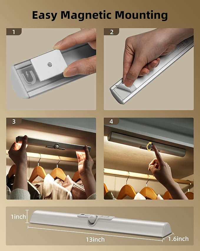 EZVALO 13-inch Motion Sensor Closet Light, LED Rechargeable Closet Light with Adjustable Sensor, 3 Colors & Dimmable, No Glare, Magnetic Motion Lights Indoor for Closet, Pantry, Stairs