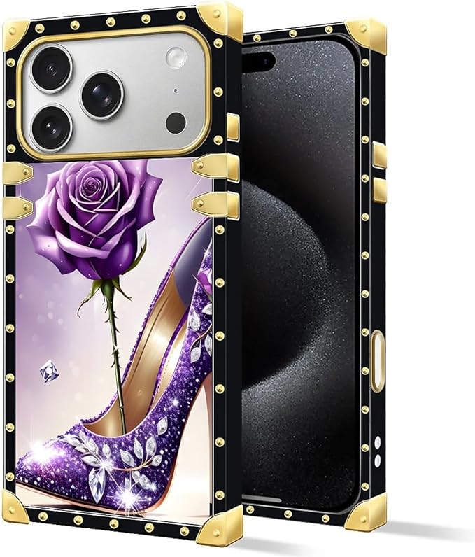 for iPhone 17 Pro Max Case Luxury Golden Decoration for Girl Women Soft TPU Shockproof Protective Hard PC Back for iPhone 17 Pro Max Crazy Pattern High Heeled Purple Diamond Rose