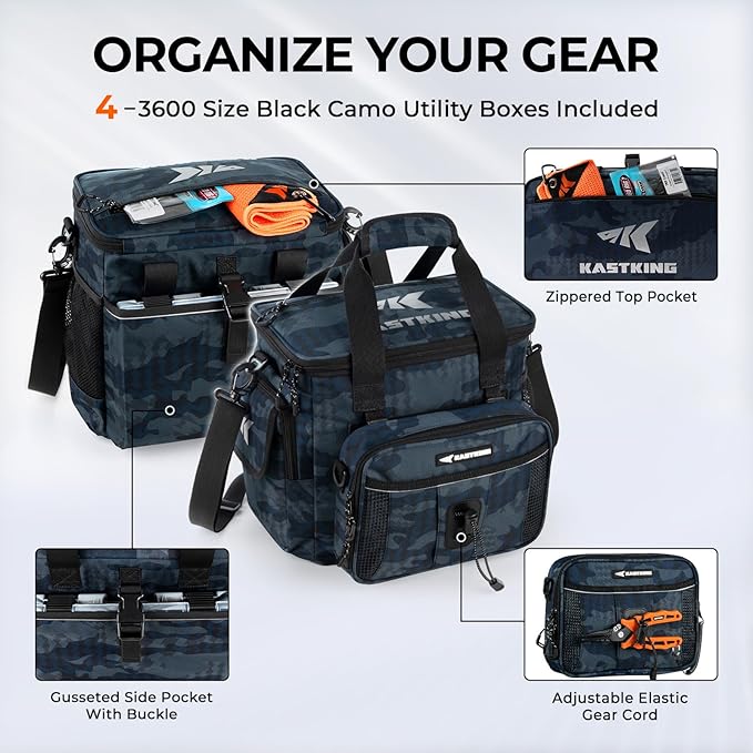 KastKing BaitSpace Fishing Tackle Bag With 4 Tackle Boxes & Removable Bait Binder, Water-Resistant Tackle Storage, Durable Fishing Gear, Adjustable Shoulder Strap