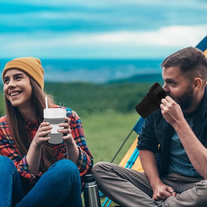 12 OZ Collapsible Travel Cup with Lid,Silicone Foldable Drinking Cup for Camping Hiking,Portable Silicone Water Bottle for Hot and Cold Beverages with Straw- Grey & White