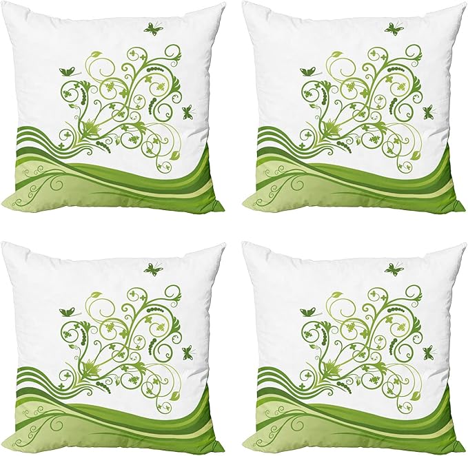Ambesonne Vines Throw Pillow Cushion Case Pack of 4, Butterflies Leaves Flowers Colorful Nature Tones Print, Modern Accent Double-Sided Digital Printing, 16", Lime Green