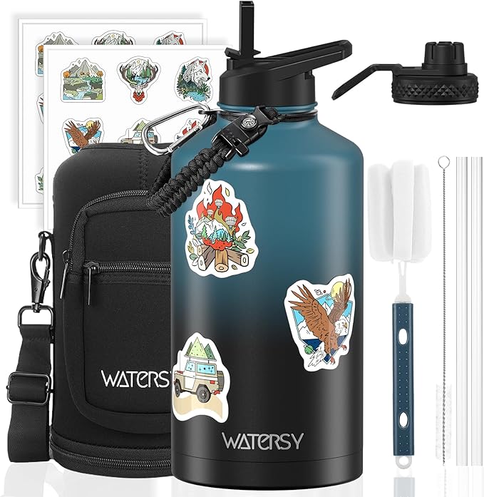 87oz Insulated Water Bottle (Cold for 48 Hrs),BPA Free&Leak Proof,1.5 Gallon Stainless Steel Water Flask,Water Jug with Straw Spout Lids for Gym,Hiking,Camping,Black Blue