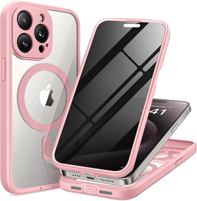 TIESZEN for iPhone 15 Pro Max Case, Compatible with MagSafe, Built-in Privacy Screen Protector and Camera Protection, Anti Spy Full Body Dustproof Shockproof Hard Phone Case 6.7",Pink