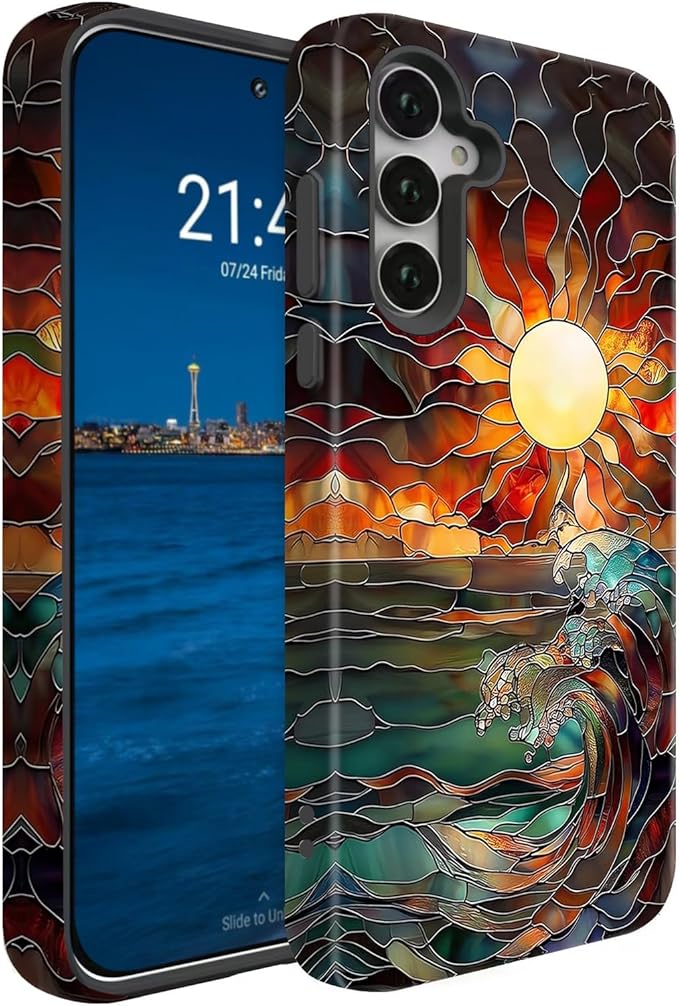 Compatible for Samsung Galaxy S25 FE 5G Case, Dual Layer Heavy Duty 2 in 1 Shockproof Protective Phone Case,Stained Glass Sun Rays Ocean Waves
