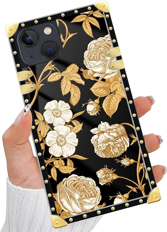 Compatible with iPhone 15 Case, Blooming Rose Golden Flower Luxury Golden Decoration for Girl Women Soft TPU Shockproof Protective Hard PC Back for iPhone 15